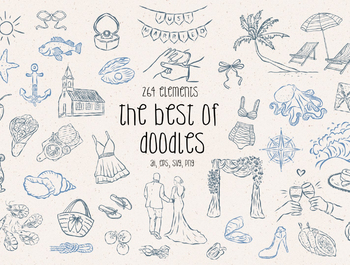 Wedding, Beach, Sea Life, Food Vector Doodles.