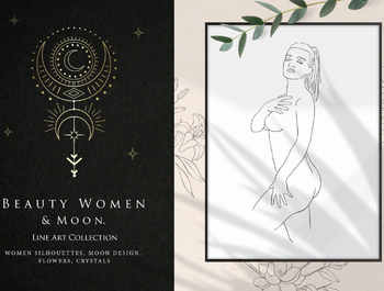 Beauty Women & Moon. Trendy Line Art.