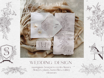 Delicate Wedding Design. Floral Monograms, Crests, Bouquets.